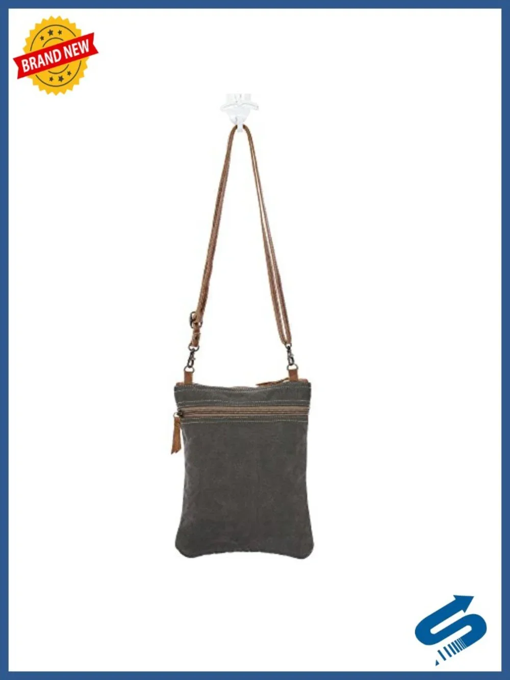 Upcycled Canvas & Leather Crossbody Bag Zip Closure Adjustable Strap
